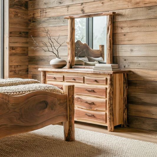 Big Horn Walnut Slab Dresser Mirror with Aspen Posts