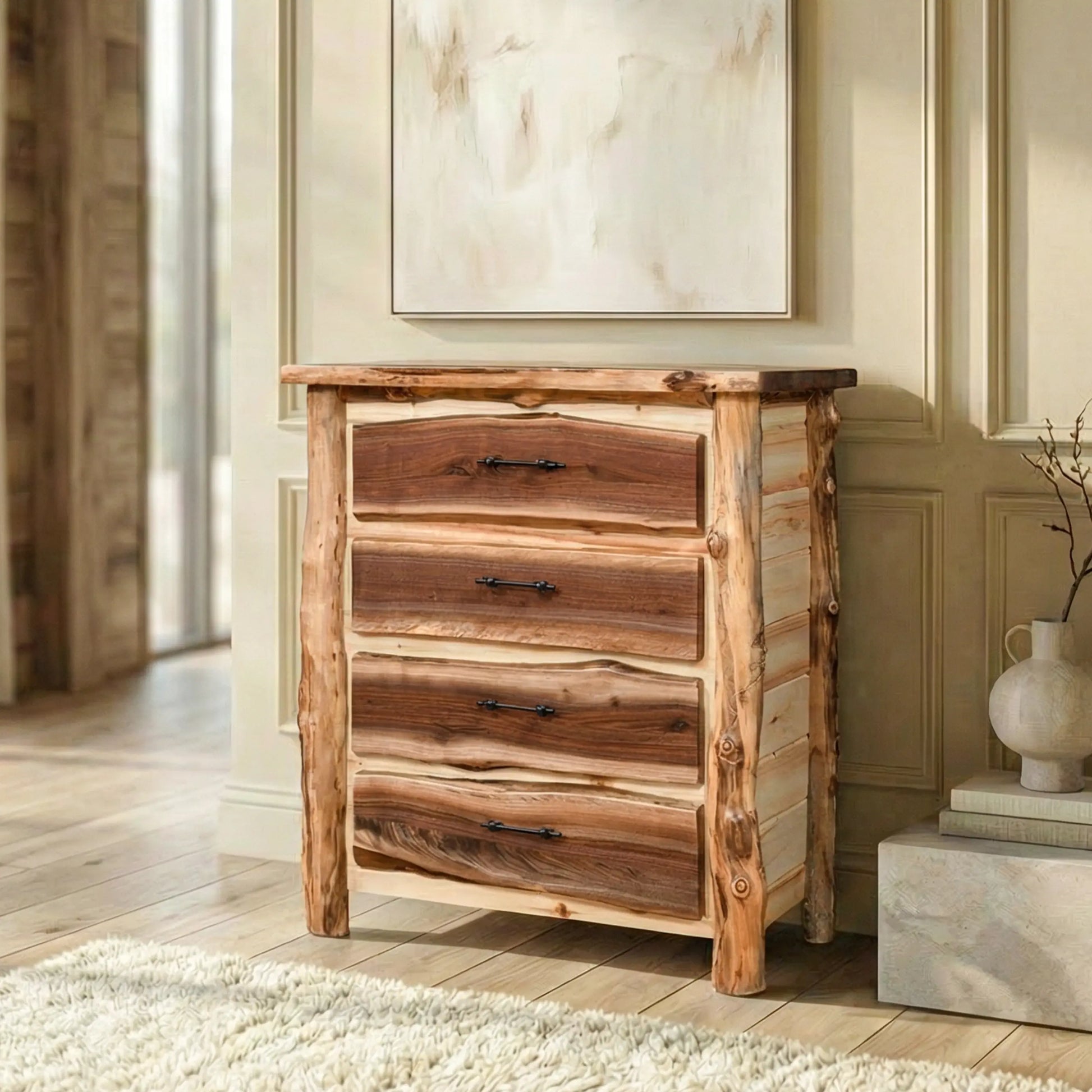 Big Horn Walnut Slab Tall Dresser with Aspen Posts 4 Drawers