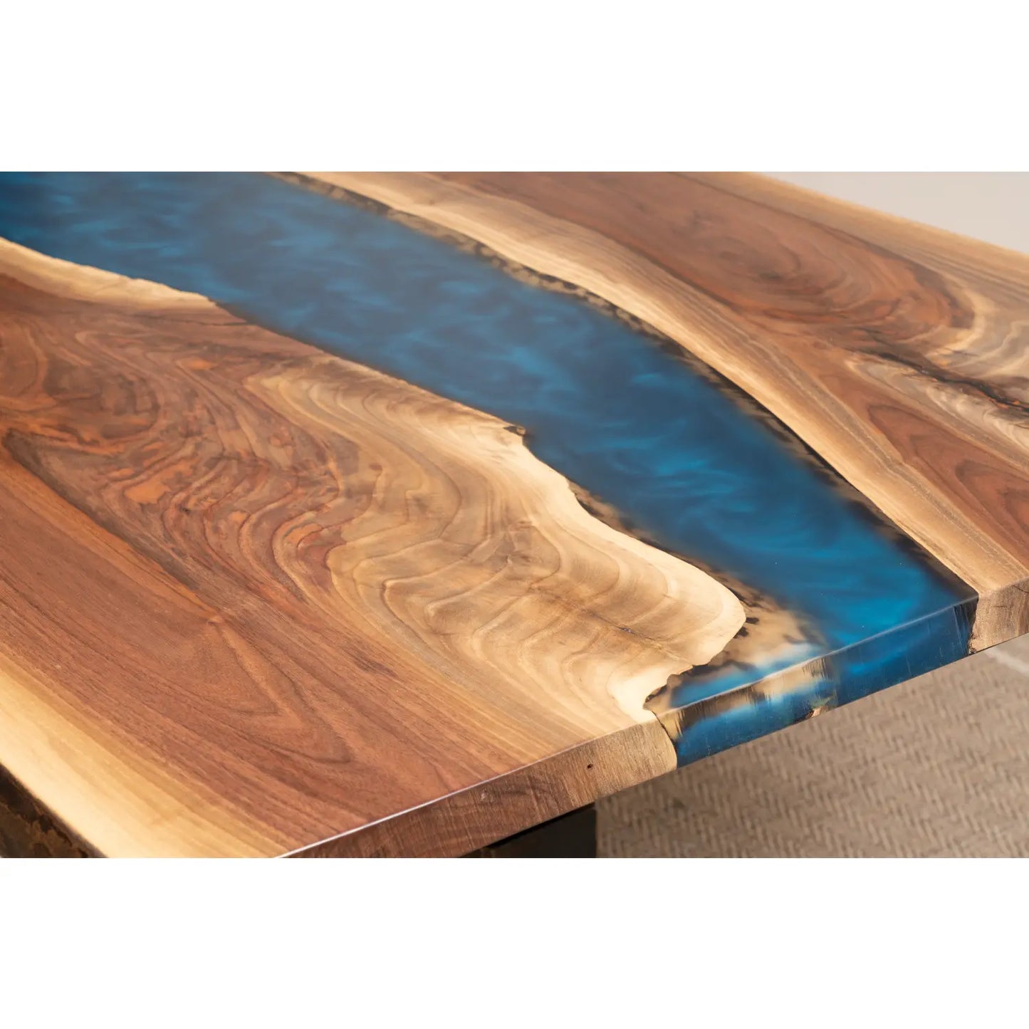 72.5"L Live Edge Walnut River Dining Table, Blue Epoxy