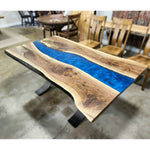 72.5"L Live Edge Walnut River Dining Table, Blue Epoxy