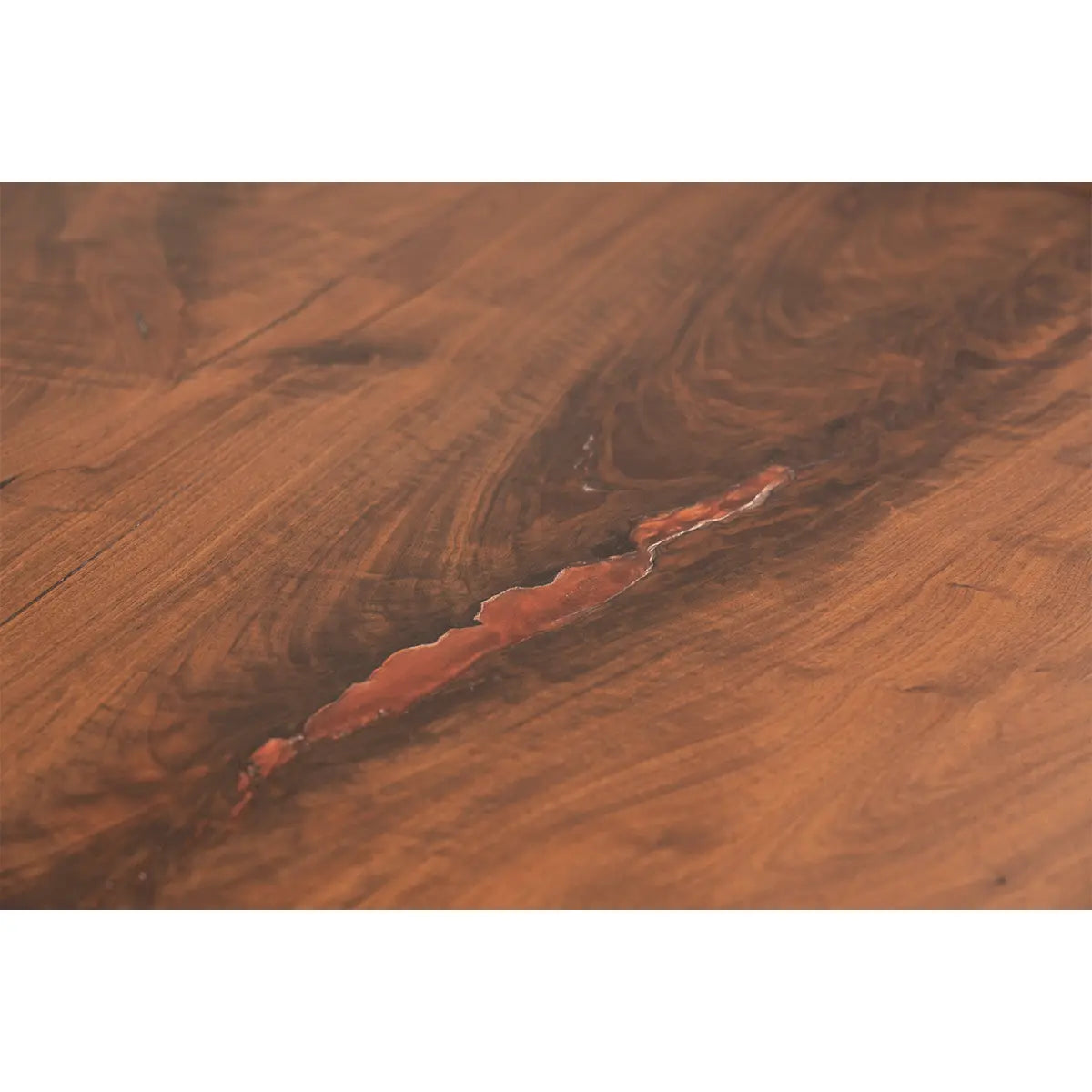63" Live Edge Walnut Dining Table Copper Epoxy Details