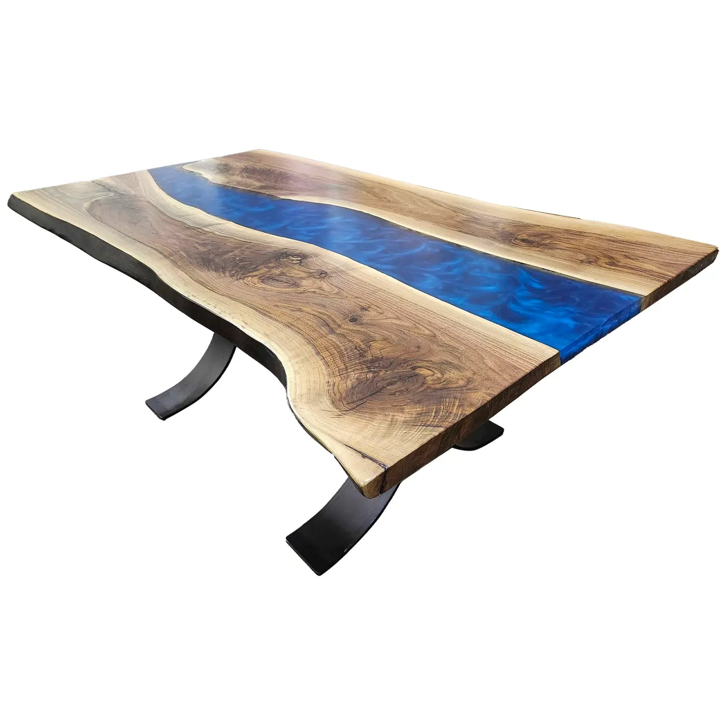 72.5"L Live Edge Walnut River Dining Table, Blue Epoxy