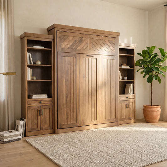 Santa Fe Murphy Bed with bookshelves, plant, and rug in a cozy, neutral-toned room.