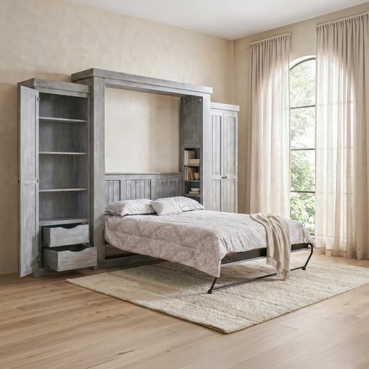 Gray Meadow Hill Murphy Bed with cabinets and shelving in a bright room with window and rug.