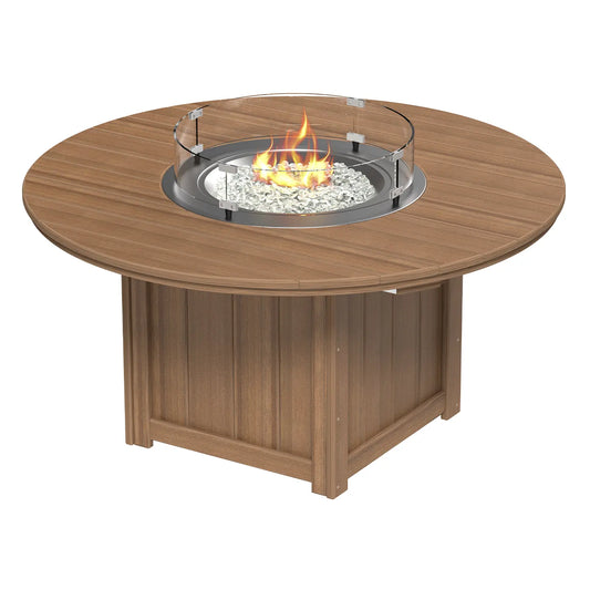 Round 60" fire table with glass barrier, metal bowl, stones, and a poly lumber base.
