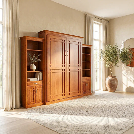 Carolina Wall Bed with bookshelves, drawers, and decor stands by tall windows and a potted plant.