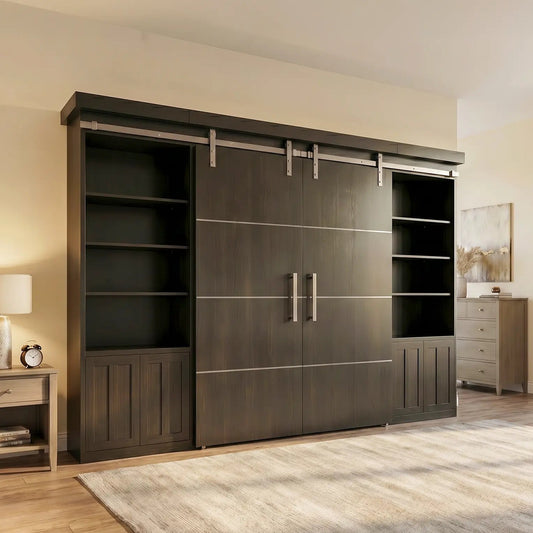 Dark wood barndoor bookcase bed with shelves and cabinets in a modern beige bedroom.