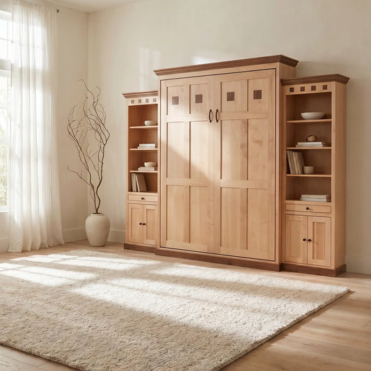 Light maple Murphy bed with shelves and cabinets in a bright, minimalist room with large window.