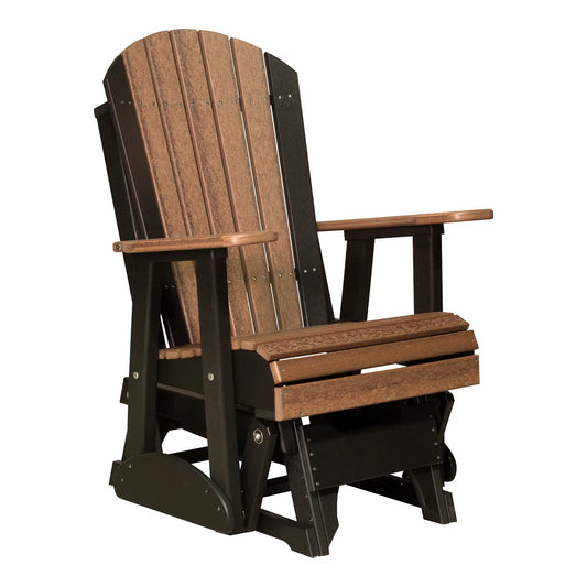 Brown and black Adirondack glider chair with slatted back, sturdy arms, and a smooth base.