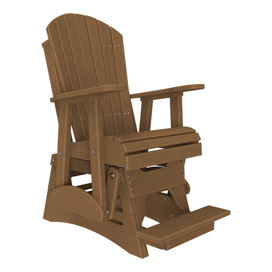 Brown Adirondack glider chair with wide arms, high back, curved seat, and weatherproof build.