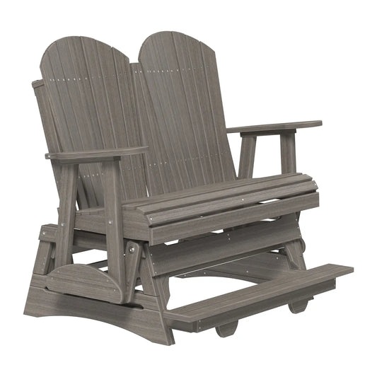 Gray poly lumber double glider bench with wide armrests and high backs for outdoor relaxing.