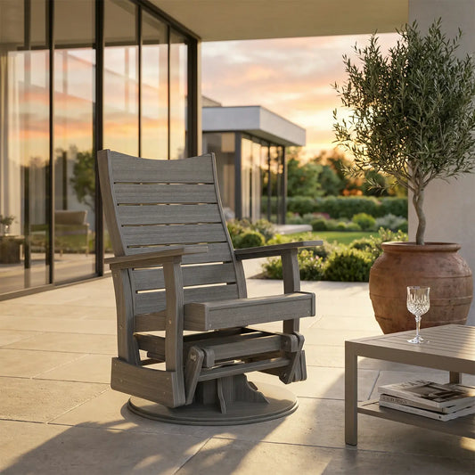 Outdoor poly lumber glider and table with wine glass on sunset patio; glass doors reflect light.