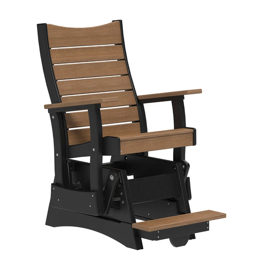 Modern weather-resistant balcony glider chair with footrest, black frame, brown slatted design.