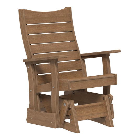 Ergonomic outdoor glider chair with slatted seat, armrests, and durable poly lumber build.