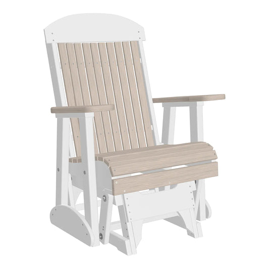 Classic Glider Chair with white, woodgrain finish, slatted seat, wide arms; durable for outdoors.