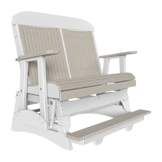 Two-seat glider bench with armrests, white frame, gray slats; durable poly lumber.