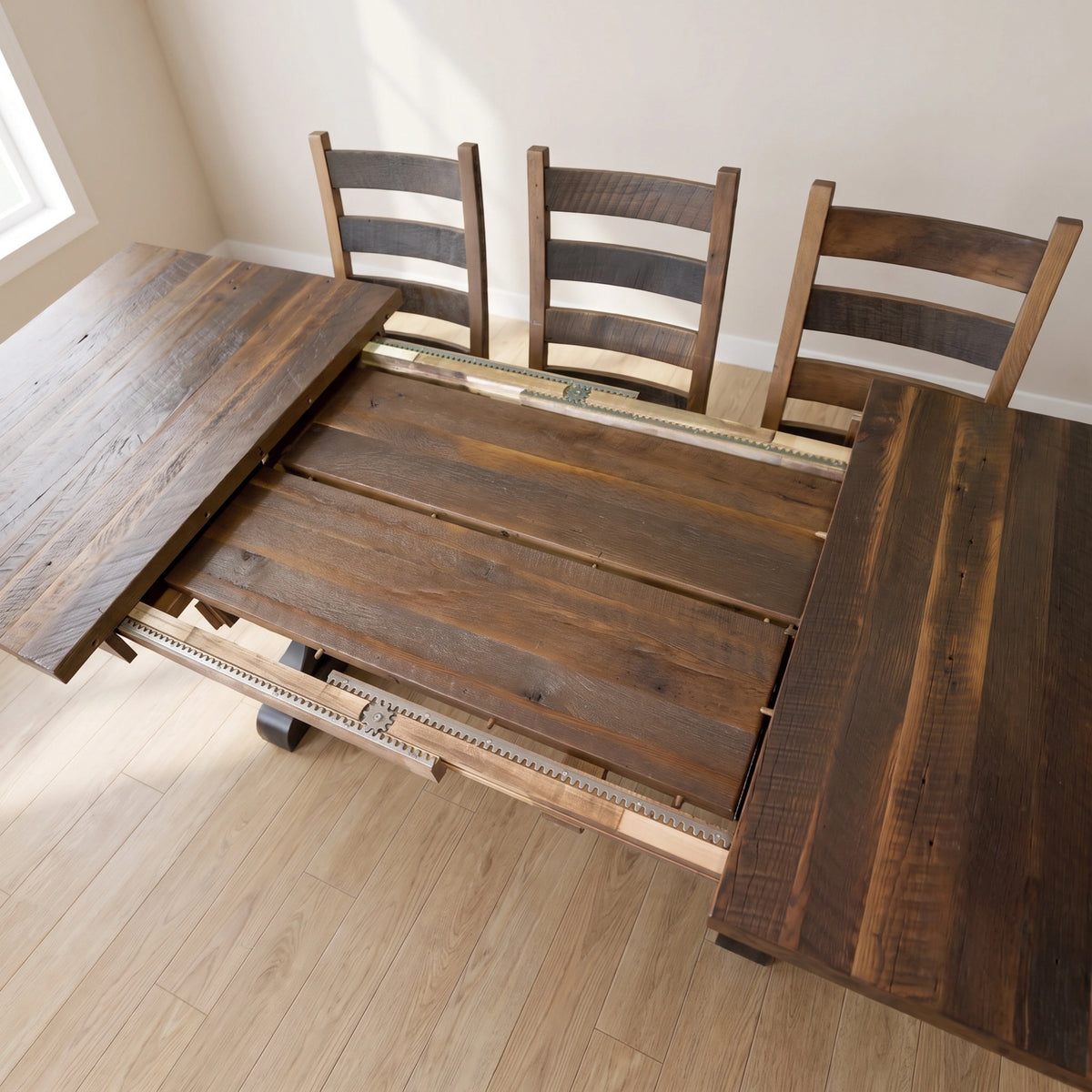 Dining table with partially open leaves, four chairs, on light wood floor near window.