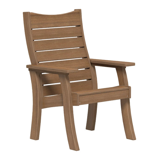 Outdoor Contour Bench Chair with slatted back, wide arms, wood finish, and curved legs.