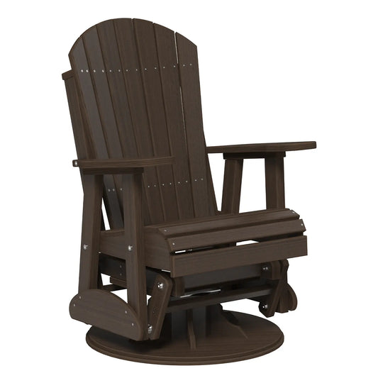 Dark brown Adirondack swivel glider with slats, armrests, and circular base for patios or gardens.