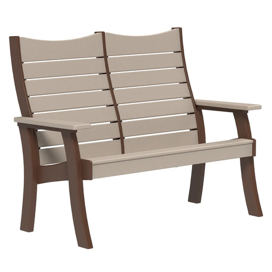 Modern two-seater outdoor bench with brown legs and beige slats, shown on white background.