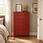 Red Farmhouse Dresser with 7 Drawers in Bedroom with Beige Wall