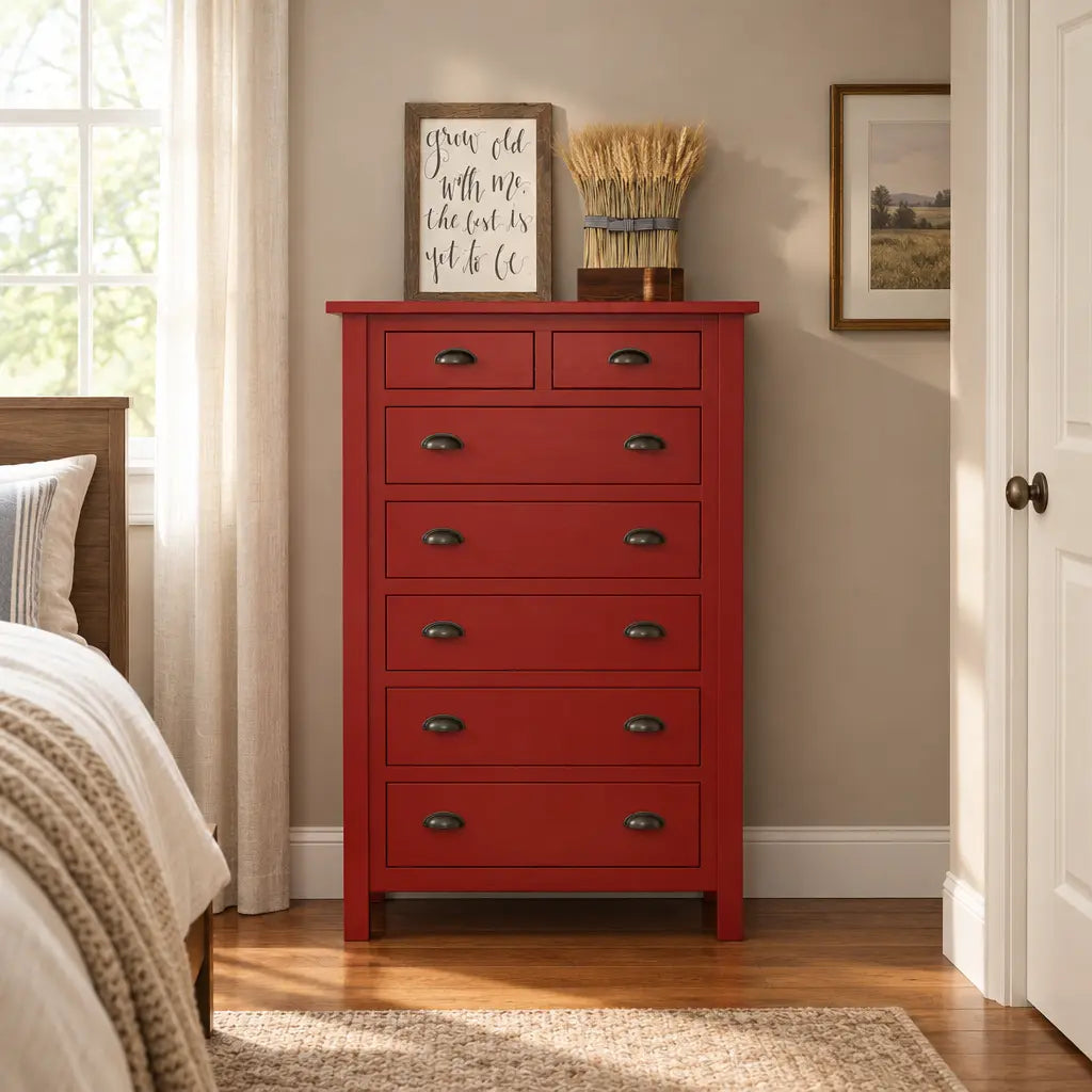 Red Farmhouse Dresser with 7 Drawers in Bedroom with Beige Wall