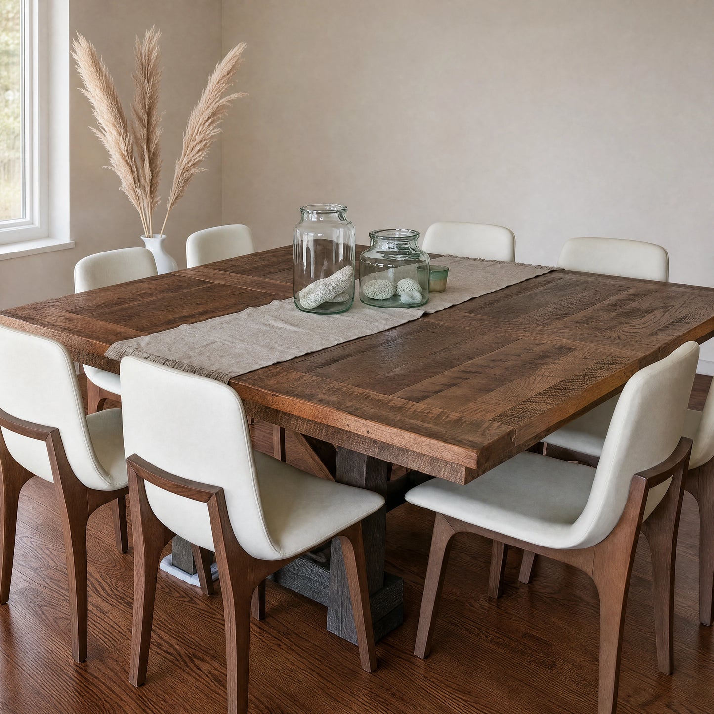 Square oak dining table with eight white chairs, glass jars, and pampas grass by the window.
