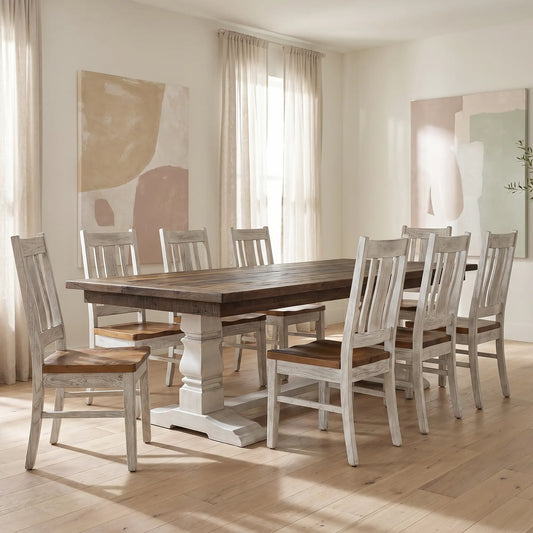 96" Farmhouse Dining Table, Reclaimed Wood with Provincial Stain and Distressed White Base