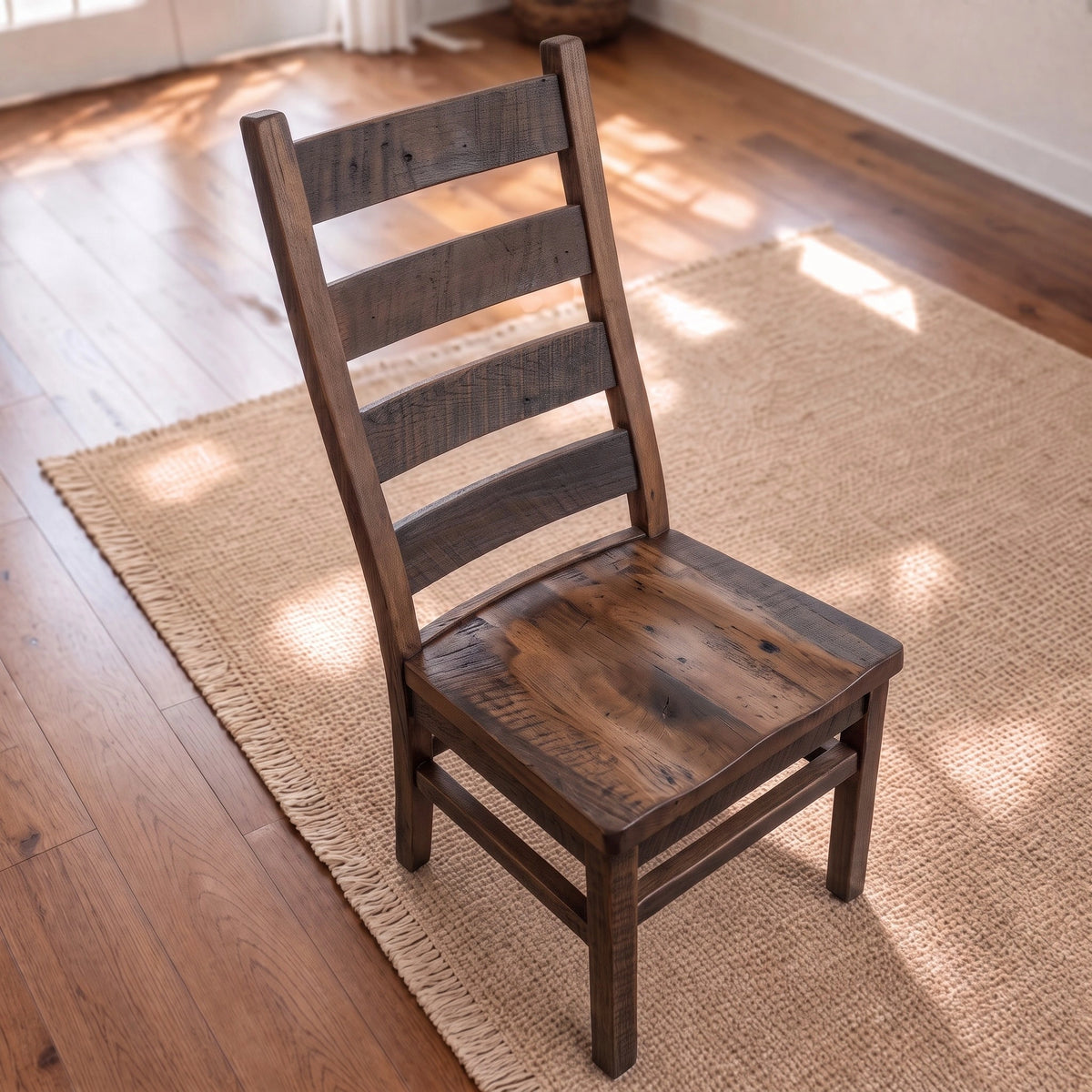 Akron Ladder Back Dining Chair on a woven rug in a bright room with wood floors and pale walls.