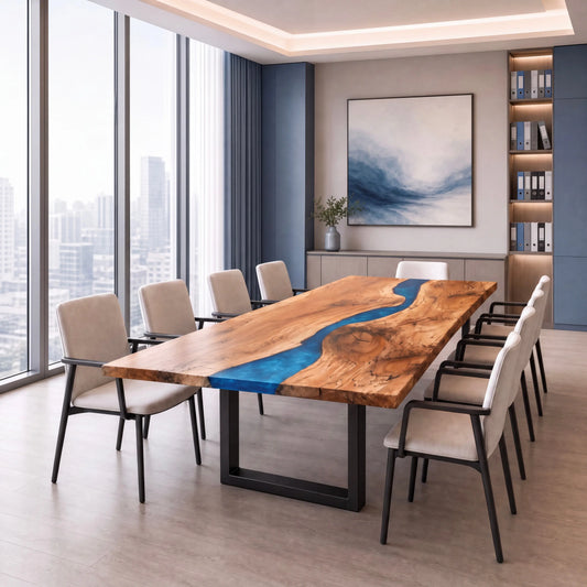 Modern conference room with live edge table, beige chairs, windows, binders, and wall art.