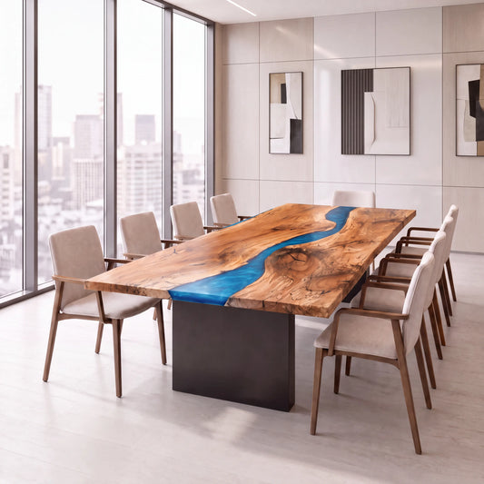 Spalted maple live edge river conference table with blue resin, metal base, and eight chairs.