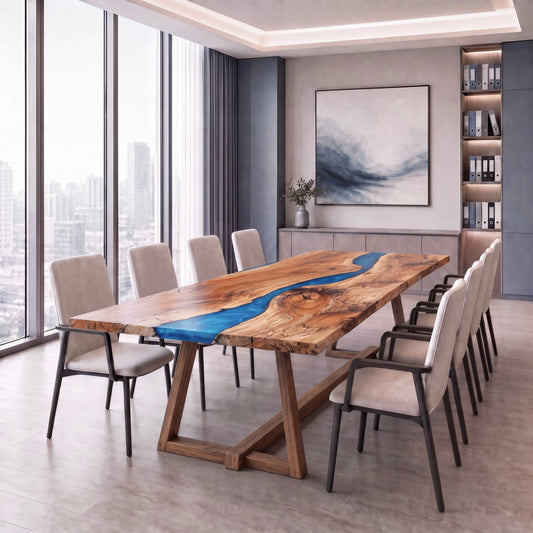 Spalted maple live edge river conference table with blue resin inlay and eight chairs in an office.