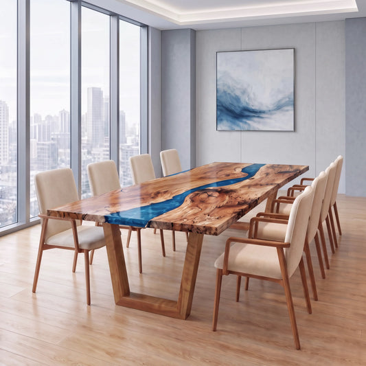 Modern conference room with maple river table, beige chairs, city views, and abstract art.