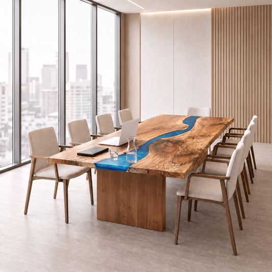 Conference room with blue resin river table, beige chairs, and city view through large windows.