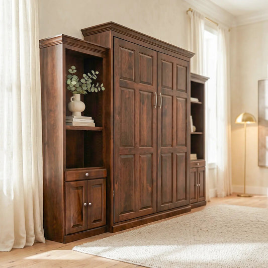 Handcrafted Briarwood Murphy bed with shelves in a bright room, showcasing space-saving design.
