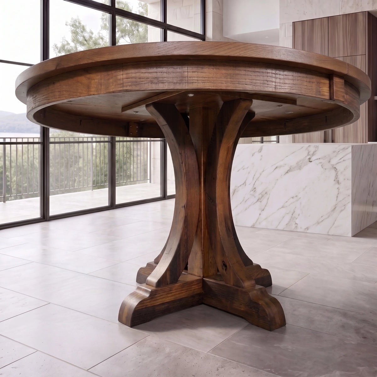 Round reclaimed wood dining table with pedestal base on tiled floor in a bright modern room.