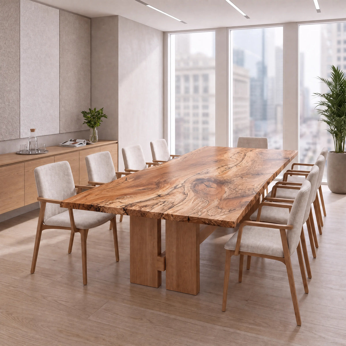 Live edge spalted maple conference table with a through tenon base and eight armchairs.
