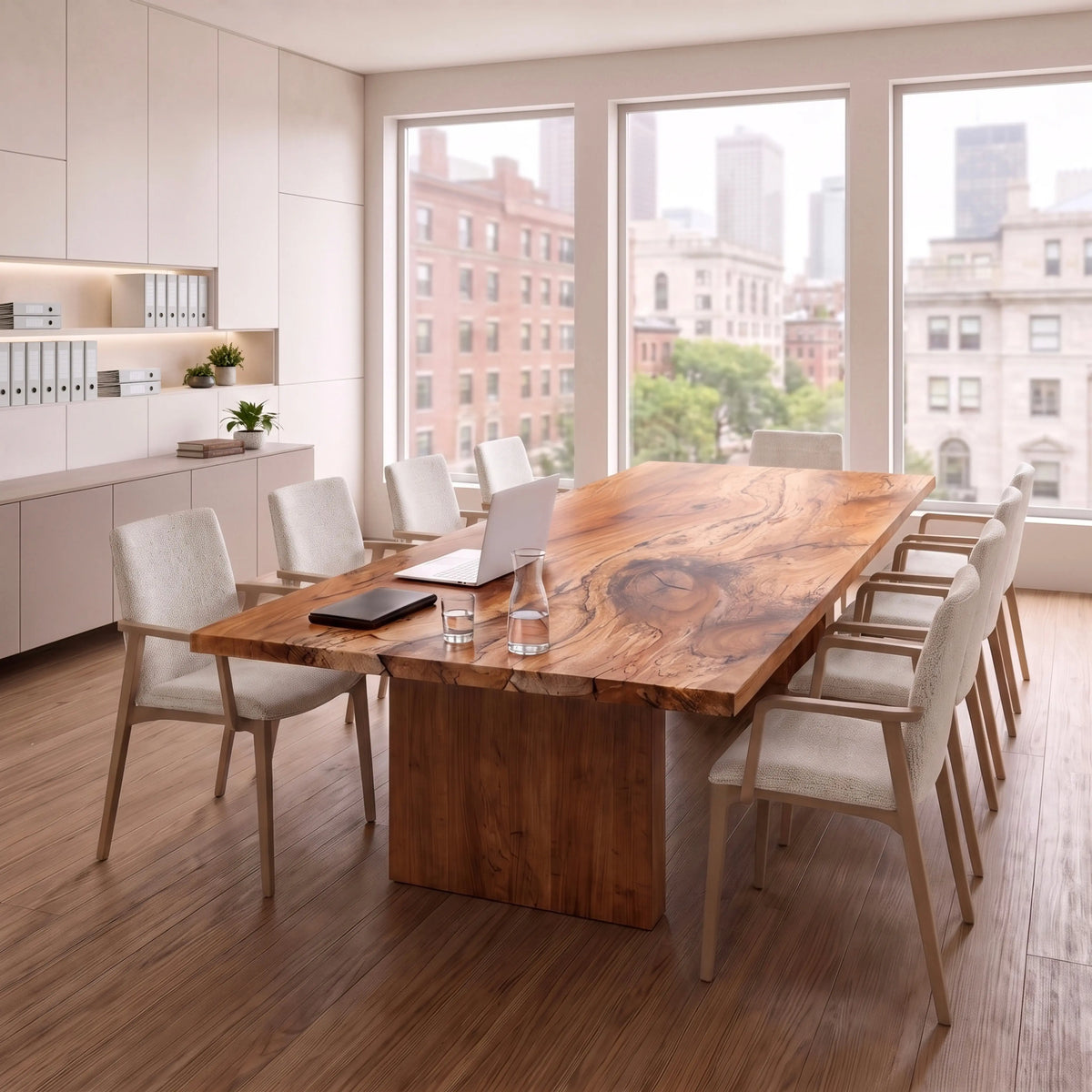 Live edge spalted maple conference table with eight chairs in a bright office.