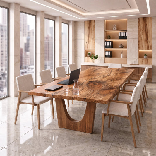 Live edge spalted maple conference table with arch base and six chairs in a modern office.