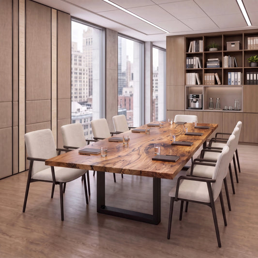 Live edge spalted maple conference table with ten chairs in a modern office with city views.