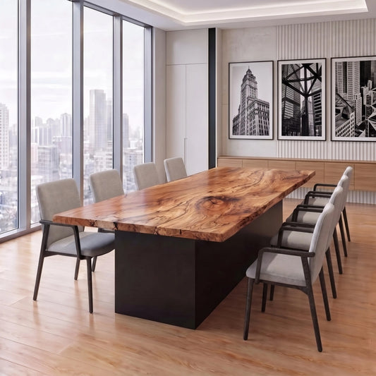 Live edge spalted maple conference table with steel base and eight upholstered chairs.