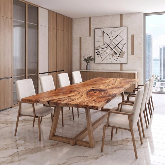 Spalted maple live edge conference table with angled trestle base and six upholstered chairs.