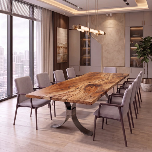 Live edge spalted maple conference table with twisted knuckle steel base in a modern office.