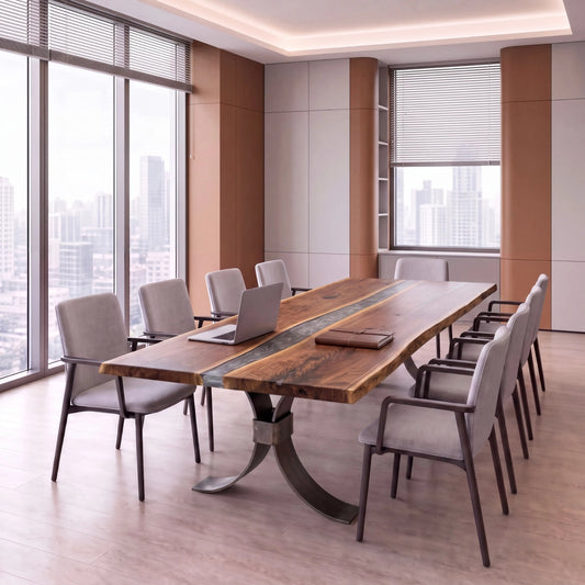 Modern conference room with live edge table, eight chairs, city view, and natural light.