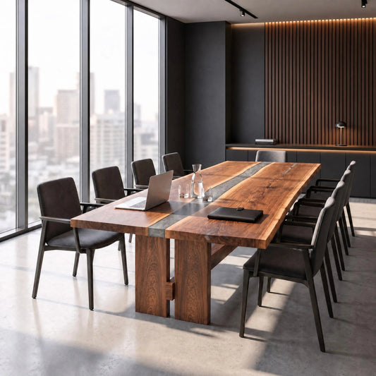 Modern conference room with live edge walnut table, city views, dark walls, and wood accents.