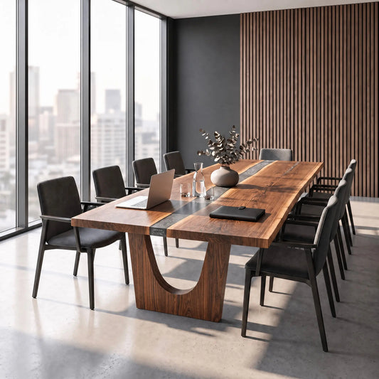 Modern conference room with custom walnut river table, city views, black chairs, and wood paneling.