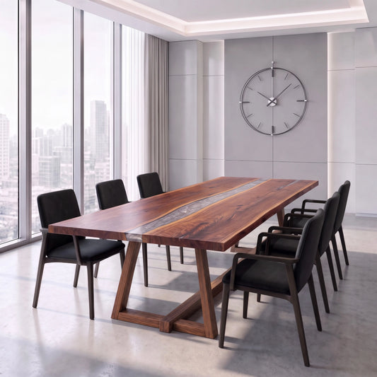 Modern conference room with custom walnut table, black chairs, city view, and wall clock.