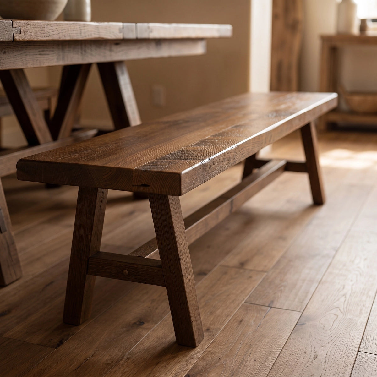 Rustic barnwood bench with splayed legs on a matching plank floor.