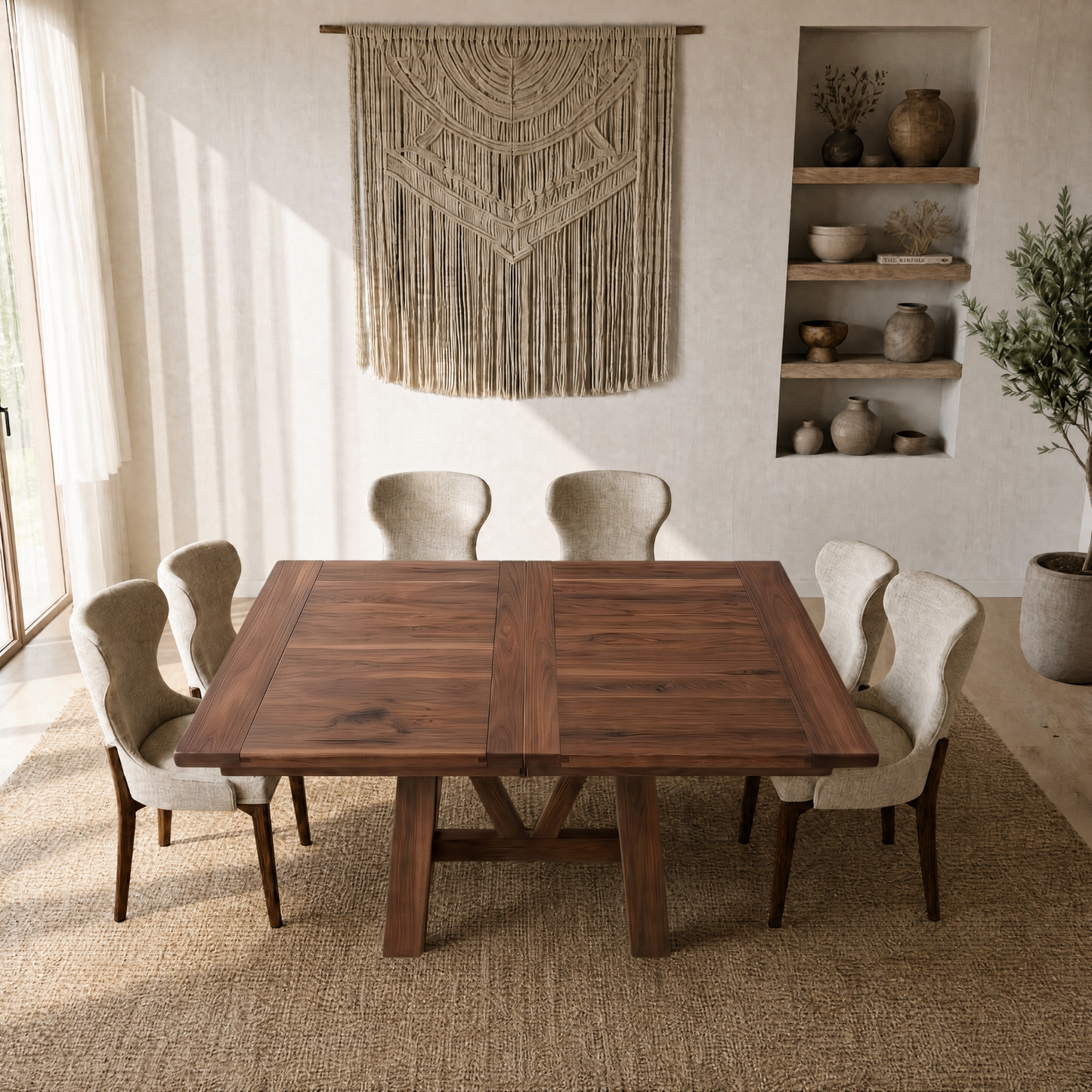 Square dining table with six chairs on a rug, in a bright room with shelves and a macramé hanging.