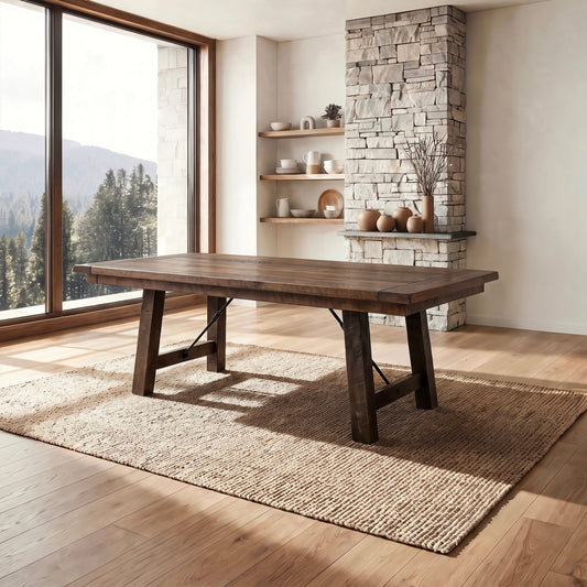 Montana reclaimed wood dining table on rug in sunny room with shelves; mountains outside.